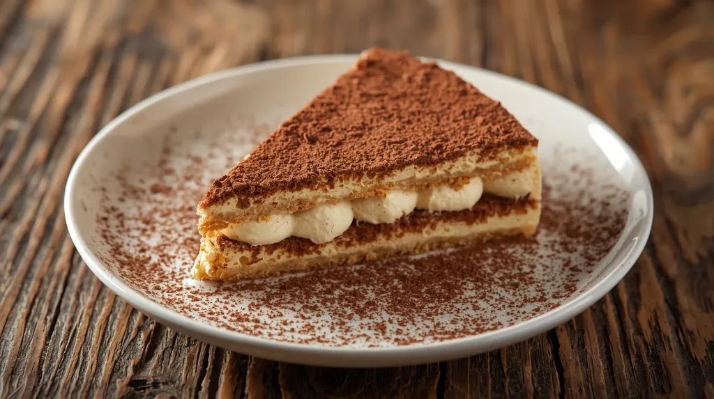 Generate an image of Tiramisu plated in wooden table (2).webp