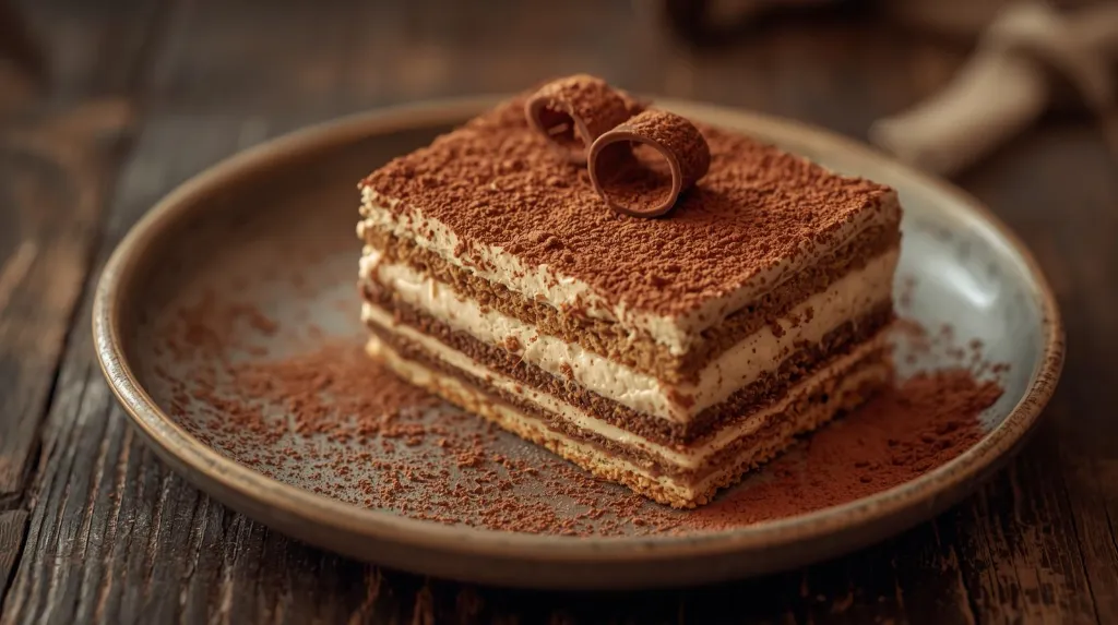 Generate an image of Tiramisu plated in wooden table (1).webp