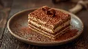 Generate an image of Tiramisu plated in wooden table (1).webp