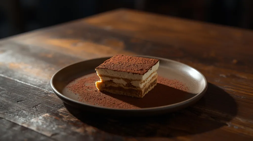 Generate an image of Tiramisu plated in wooden table.webp