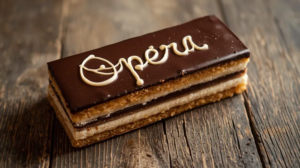 Generate an image of Opera pastry rectangular shape written opera on it plated in wooden table.webp