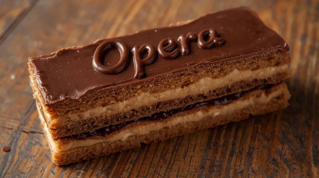 Generate an image of Opera pastry rectangular shape written opera on it plated in wooden table (1).webp