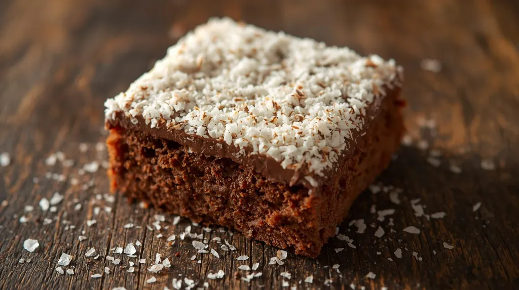 Generate an image of Lamington party coated with desicated cocunut plated in wooden table (1).webp