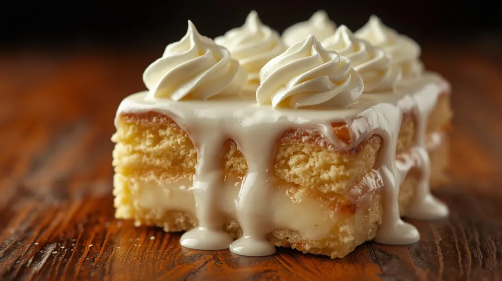 Generate an image of Tres-leaches pastry fully white poured with milk and piped with whipping cream plated in wooden table.webp