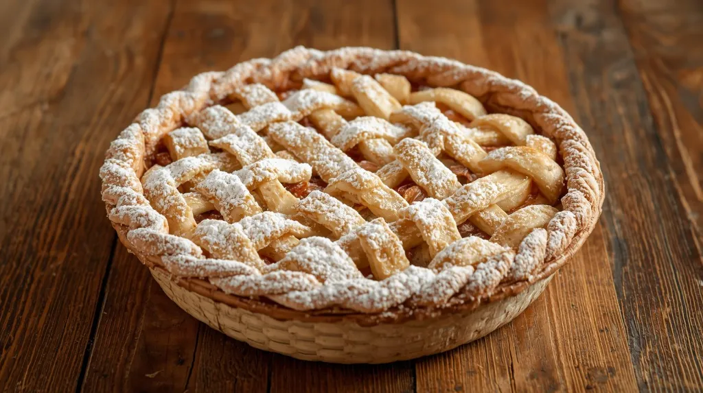 Generate an image of Apple pie basket style topped with icing sugar medium size plated in wooden table.webp