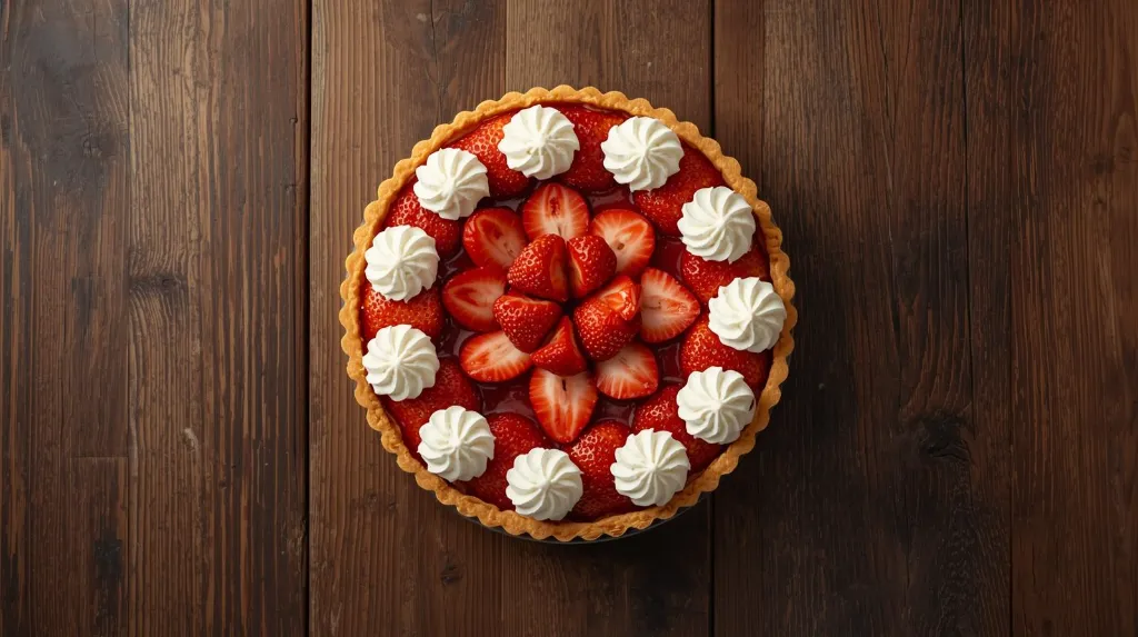 Generate an image of Strawberry open tart garnished with piping cream medium size plated in wooden table small size.webp