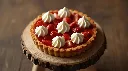 Generate an image of Strawberry open tart garnished with piping cream medium size plated in wooden table small size (1).webp