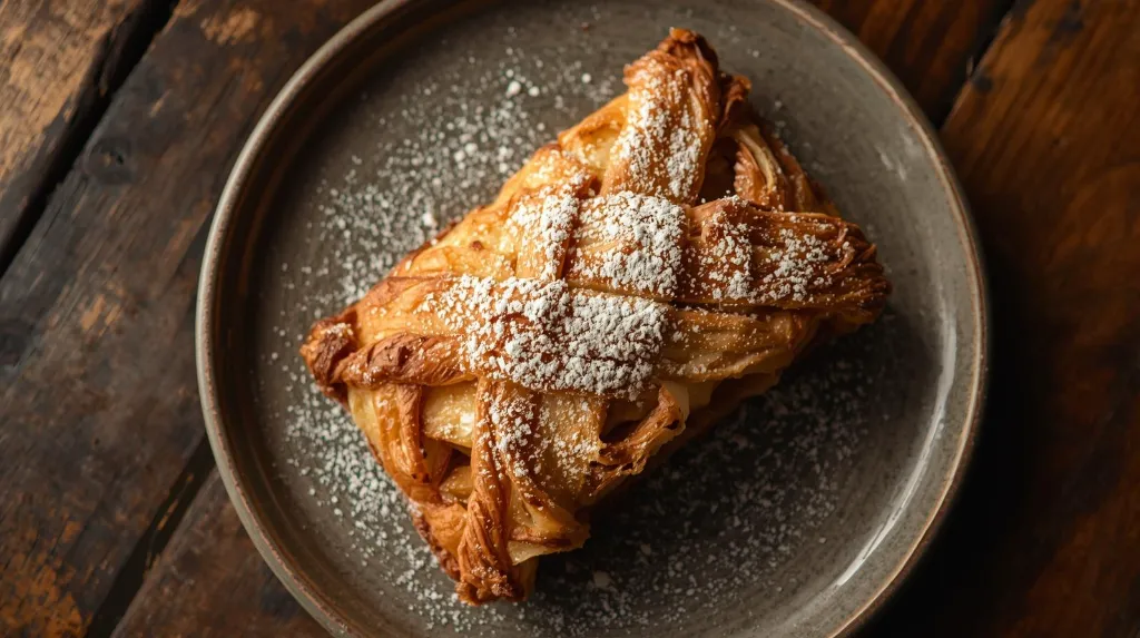 Generate an image of Apple Strudel net style plated in wooden table.webp