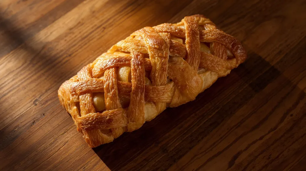 Generate an image of Apple Strudel net style plated in wooden table (1).webp