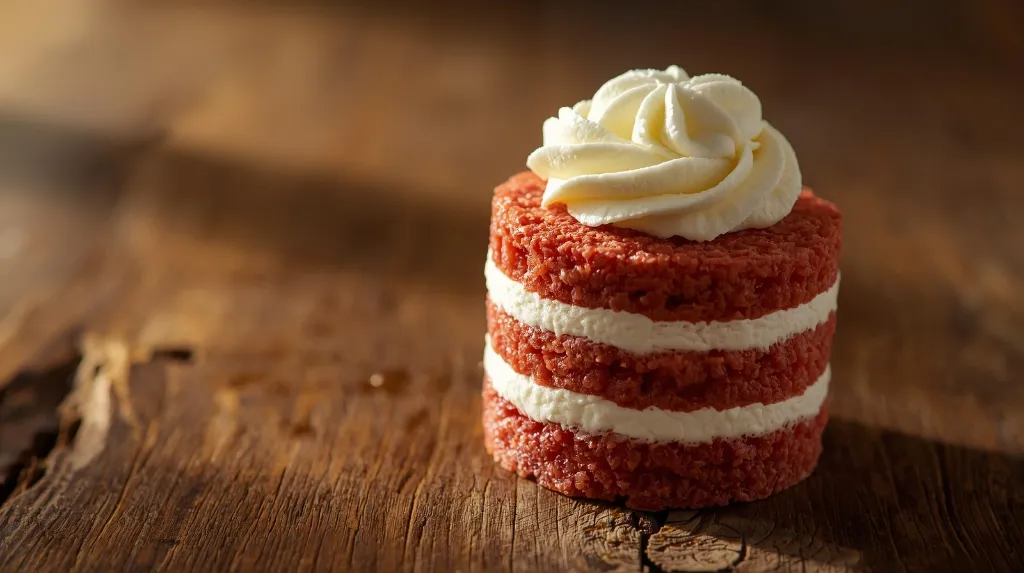 Generate an image of raspberry micro cake cylindrical shape layered topped with piping cream plated in wooden table (1).webp