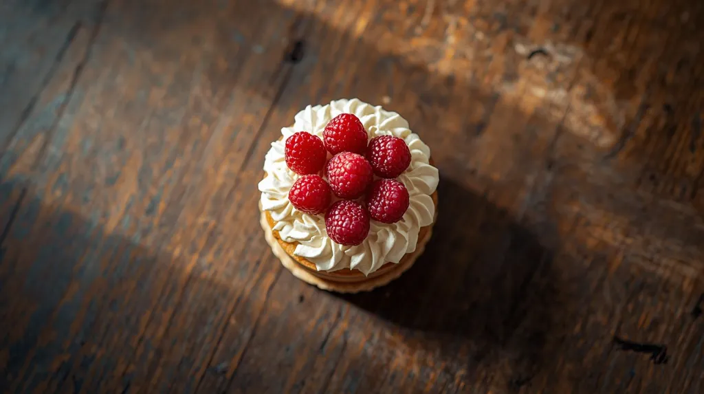 Generate an image of raspberry micro cake cylindrical shape layered topped with piping cream plated in wooden table.webp