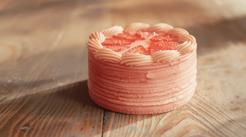 Generate an simple image of strawberry micro cake cylindrical shape layered topped with piping cream plated in wooden table (1).webp