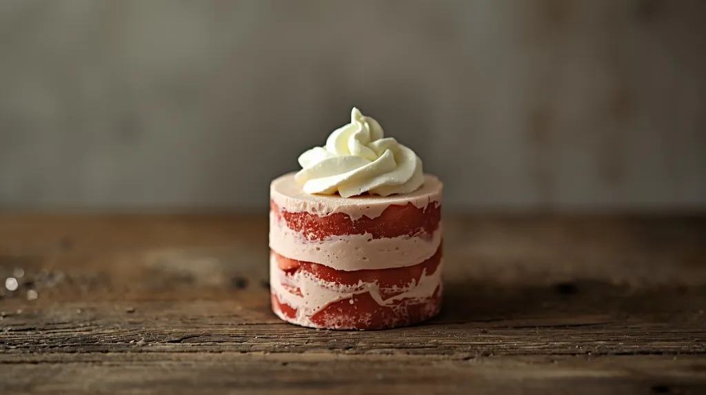 Generate an simple image of strawberry micro cake cylindrical shape layered topped with piping cream plated in wooden table.webp