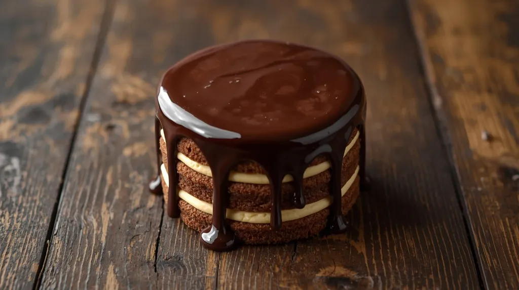 Generate an simple image of matilda micro cake cylindrical shape layered topped with chocolate ganache plated in wooden table.webp