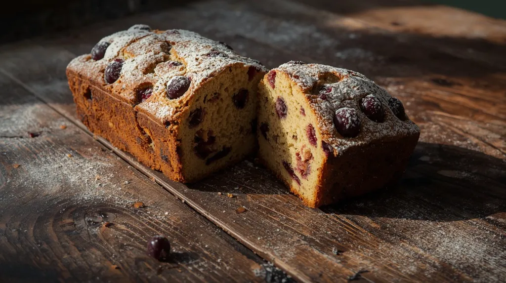 Generate an image of  plum cake loaf in wooden table (1).webp