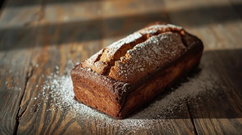 Generate an image of  plum cake loaf in wooden table.webp