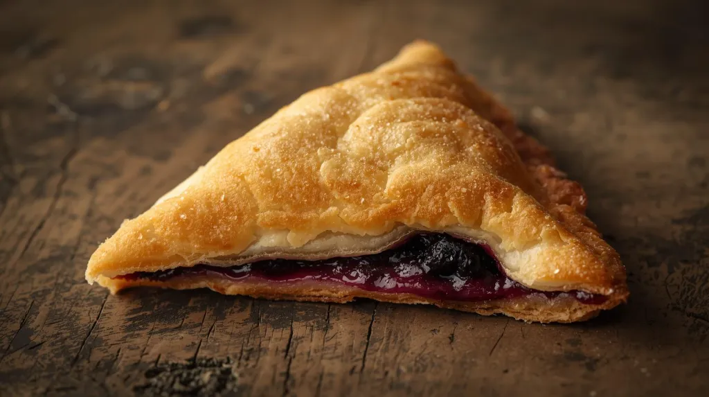 Generate an image of  turnover pastry triangle shape filled with blueberry crush in wooden table (1).webp
