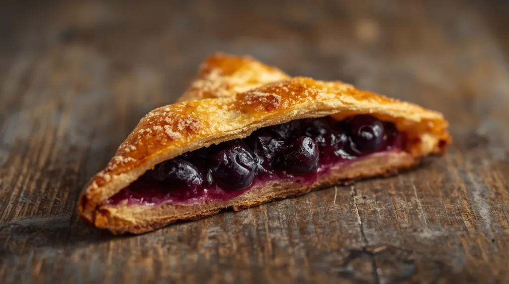 Generate an image of  turnover pastry triangle shape filled with blueberry crush in wooden table.webp