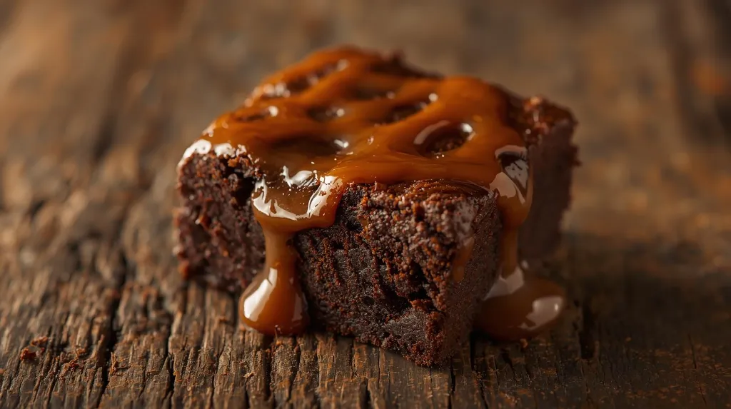 Generate an image of  double chocolate fudge brownie topped with melted caramel in wooden table (1).webp