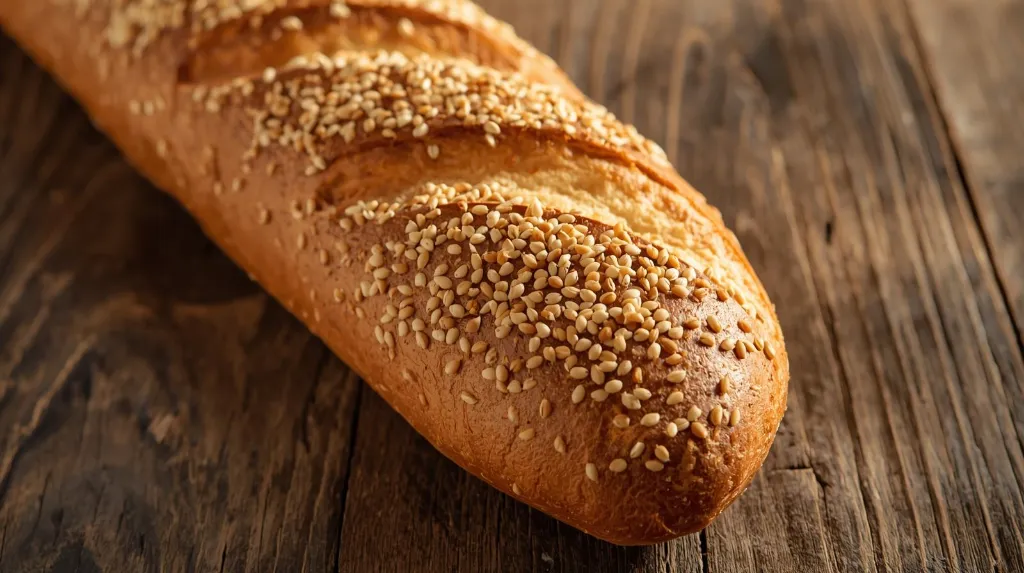 Generate an image of crusty baguette loaf topped with sesame seeds in wooden table.webp