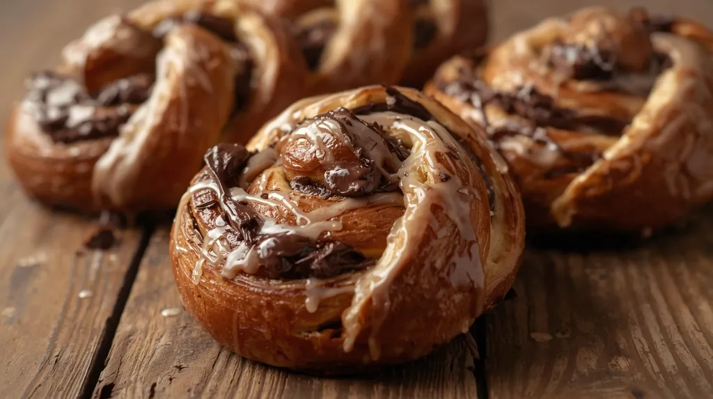 Generate an image of chocolate babka braid buns in wooden table (2).webp